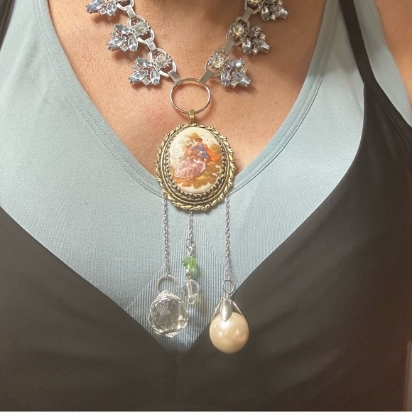 OOAK Assemblage Art Cameo Pendant Victorian Lovers Necklace Repurposed Vintage - Picture 6 of 11